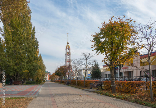 View of the bell tower of the Kazan Monastery from Industrialnaya Street in Tambov in autumn