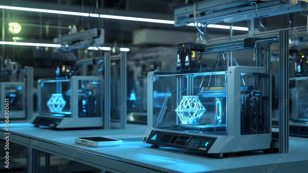 High-Tech Lab with Multiple 3D Printers in Action High-Tech Lab with Multiple 3D Printers in Action