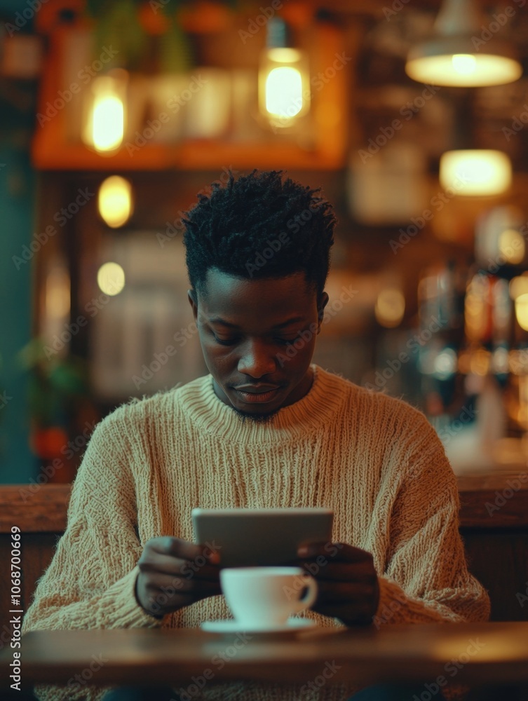 Young African Entrepreneur Enjoying Coffee Break with Digital Device Young African Entrepreneur Enjoying Coffee Break with Digital Device