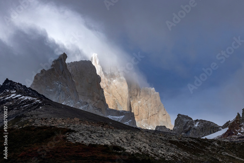 Argentina, Santa Cruz, El Chalten, North side of Fitz Roy massif in clouds photo