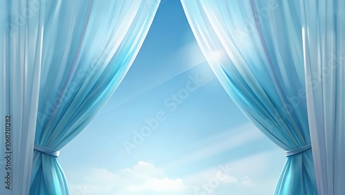 Blue Curtains Open to Reveal a Sunny Sky with Clouds