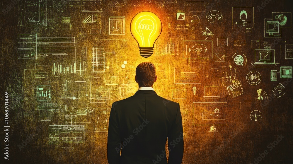 Businessperson with a bright light bulb above, surrounded by digital and technological symbols icons Businessperson with a bright light bulb above, surrounded by digital and technological symbols icons