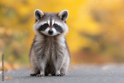 Baby raccoon is sitting on the ground