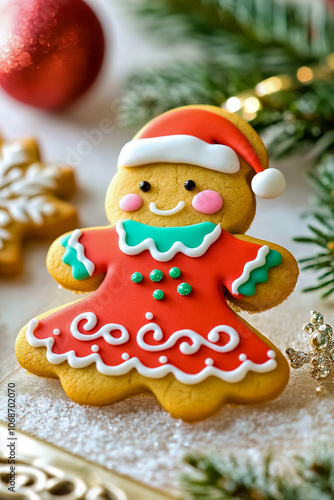 A gingerbread man with a scarf is sitting on a table