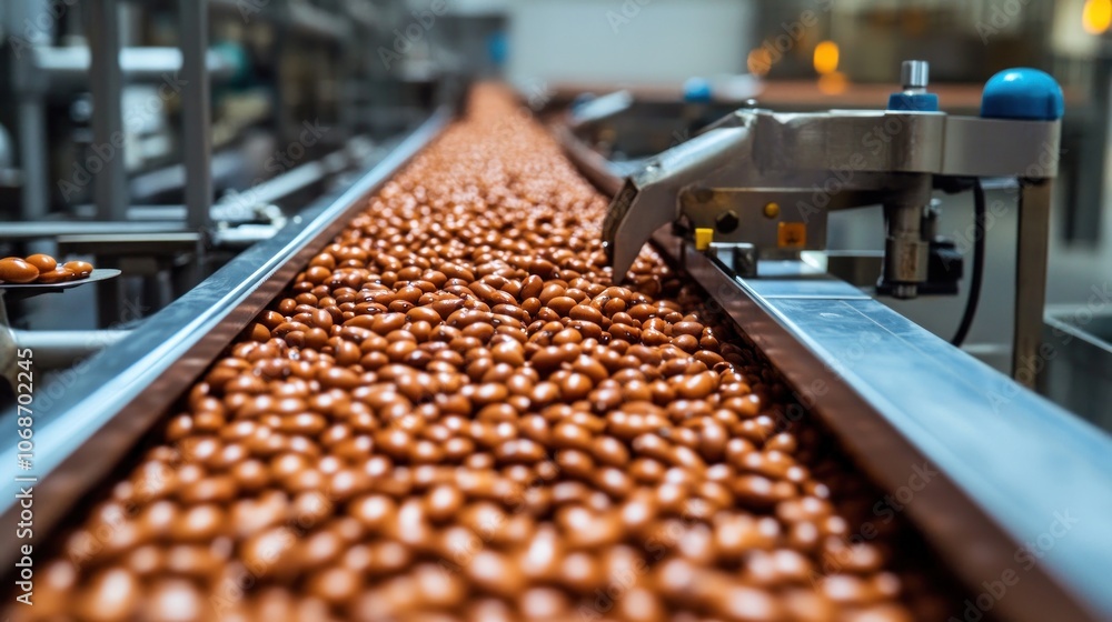Conveyor Belt of Roasted Almonds in a Food Processing Plant Conveyor Belt of Roasted Almonds in a Food Processing Plant