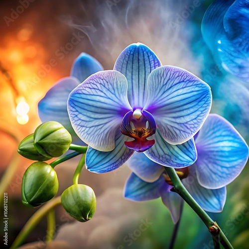A close-up view of a delicate blue orchid with buds in soft focus against a gentle blurred background	