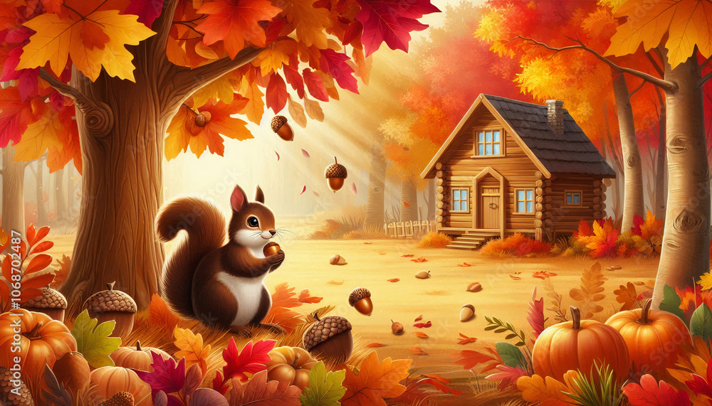 Cartoon-style squirrel holding an acorn in an autumn forest near a log cabin