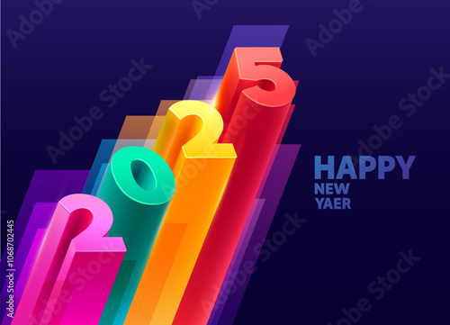 Happy New Year 2025. Holiday colorful lettering design. 3D color numbers on blue background. Greeting card design.