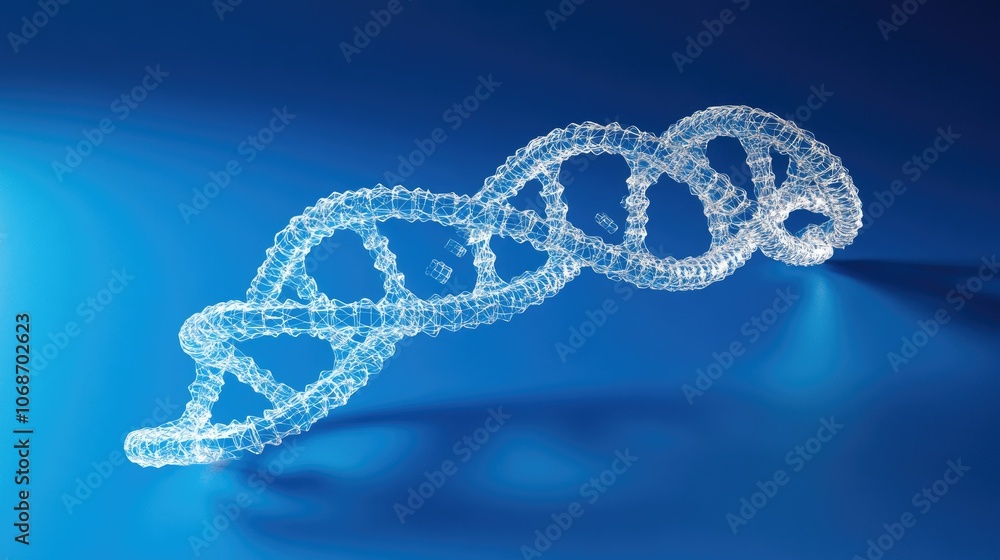 Futuristic 3D polygonal wireframe of a DNA helix, set against a bold blue background, highlighting the field of genetic research and molecular biotechnology Futuristic 3D polygonal wireframe of a DNA helix, set against a bold blue background, highlighting the field of genetic research and molecular biotechnology