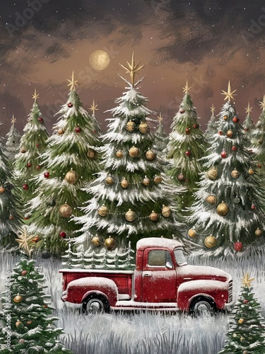 Vintage red truck carries home the perfect Christmas tree from a snowy tree farm under the winter moon.