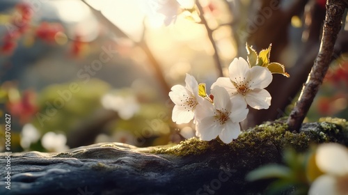 静かな春の庭の苔むした枝に咲く太陽の光に照らされた桜 photo