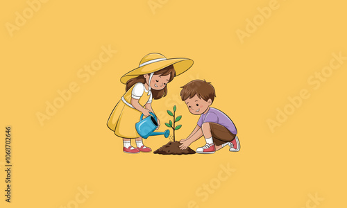 Children planting and watering a young plant together