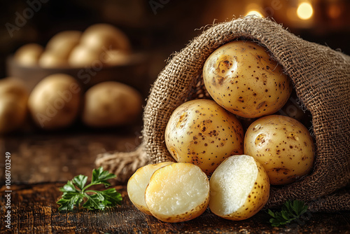 Burlap sack spilling fresh potatoes on wooden surface.