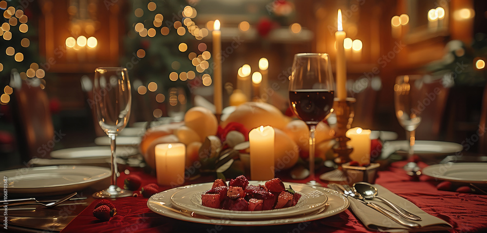 High-end dining table with a red velvet cloth, silverware, and a wine glass on the side of the plate, candles. High-end dining table with a red velvet cloth, silverware, and a wine glass on the side of the plate, candles.