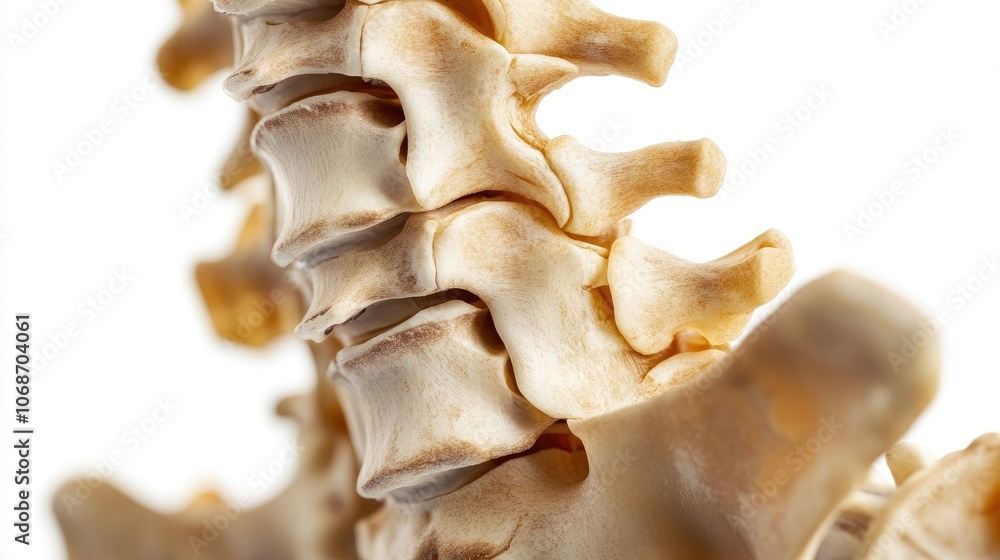 Close-up human spine with vertebrae details, isolated on white, educational resource, precise bone textures Close-up human spine with vertebrae details, isolated on white, educational resource, precise bone textures