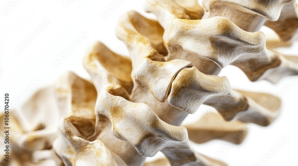 Close-up human spine with vertebrae details, isolated on white, educational resource, precise bone textures Close-up human spine with vertebrae details, isolated on white, educational resource, precise bone textures