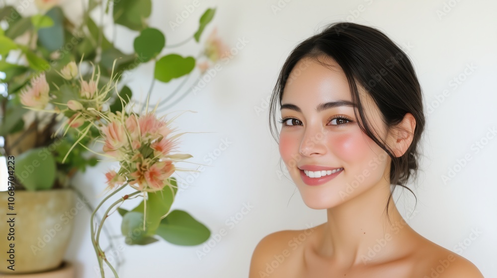 ミニマリストな雰囲気の中でフラワーアレンジメントを持つ笑顔の女性