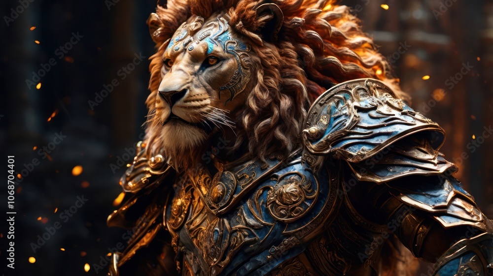 A majestic lion with a fierce gaze, wearing ornate armor, stands in front of a dark background with shimmering light. A majestic lion with a fierce gaze, wearing ornate armor, stands in front of a dark background with shimmering light.