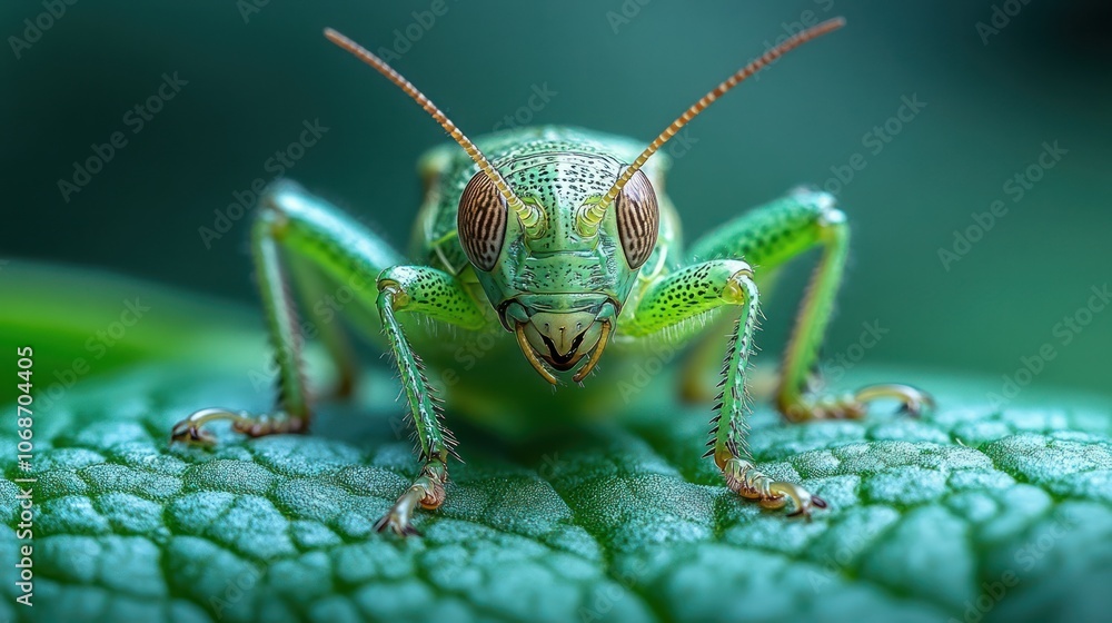 Close-up of a green insect with large eyes and antennae on a leaf. Close-up of a green insect with large eyes and antennae on a leaf.