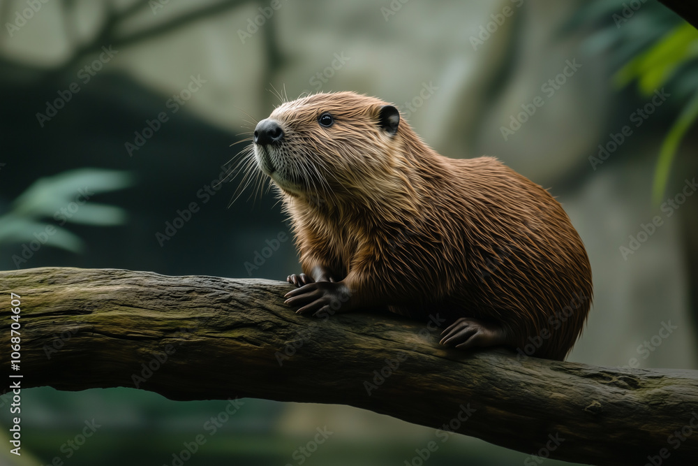 beaver Brown animal is sitting on a branch. It has a long snout