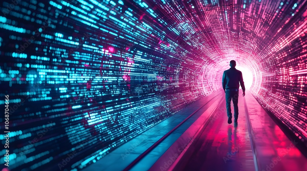 Futuristic Hacker Navigating Neon Lit Data Tunnel to Breach Firewall Futuristic Hacker Navigating Neon Lit Data Tunnel to Breach Firewall
