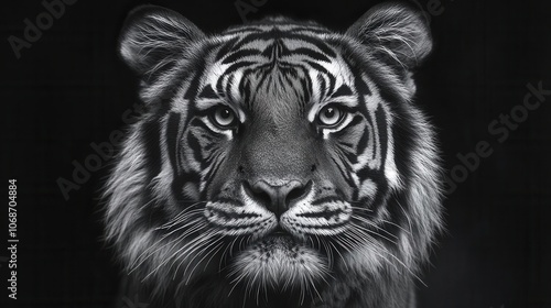 striking black and white portrait of a fierce wild tiger in a lush jungle habitat, highlighting its intense gaze and intricate fur patterns, capturing the essence of untamed beauty and power