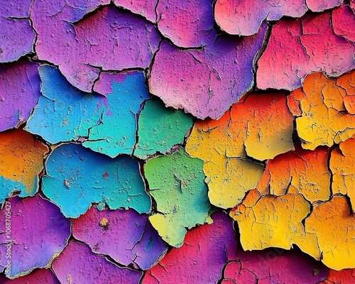 Multicolored cracked paint texture with vibrant tones.