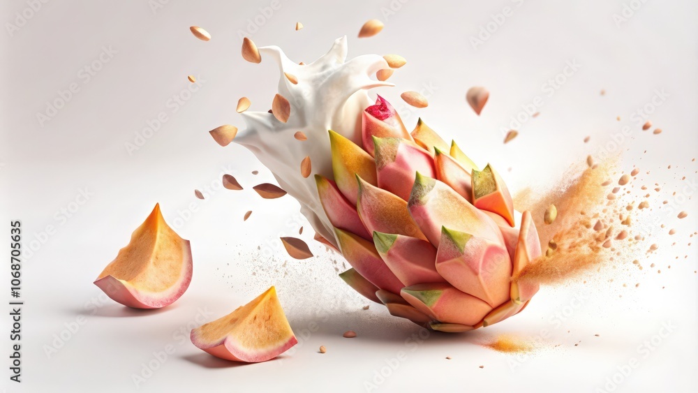 A Dragon Fruit Exploding with White Cream and Seeds A Dragon Fruit Exploding with White Cream and Seeds