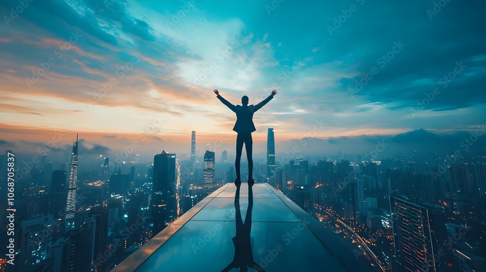 Triumphant Businessman Stands Atop Skyscraper Celebrating Cityscape Success Triumphant Businessman Stands Atop Skyscraper Celebrating Cityscape Success