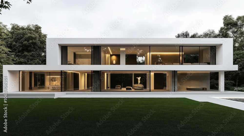 Modern two-story house with large glass windows and minimalist design surrounded by greenery Modern two-story house with large glass windows and minimalist design surrounded by greenery