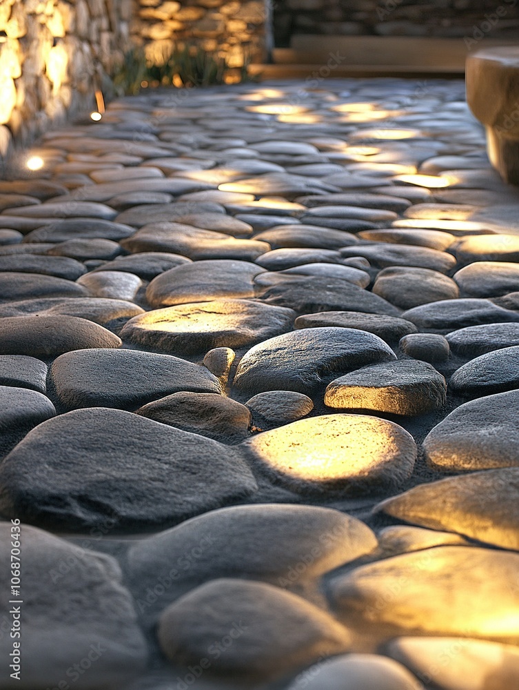 Obraz premium Illuminated pebble pathway with warm accent lighting.