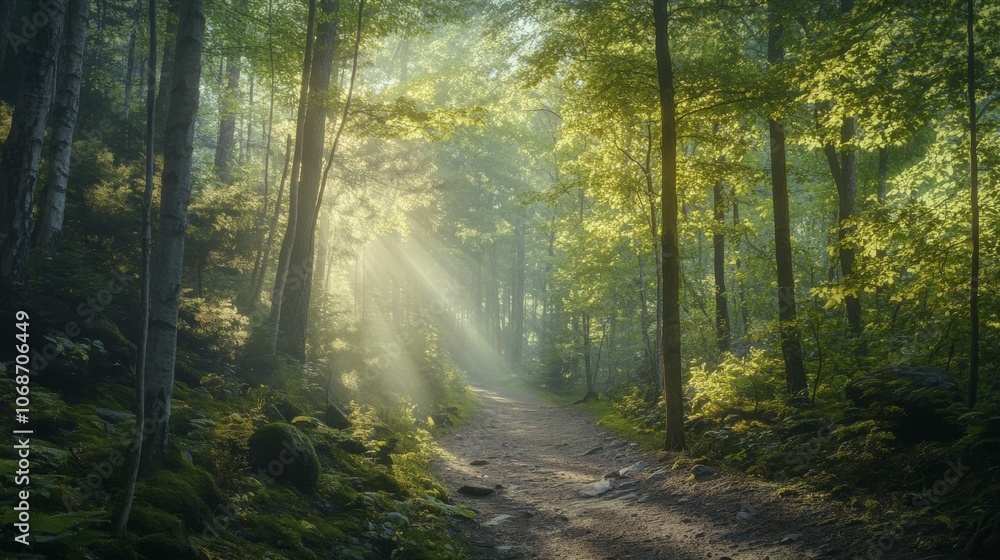 Fototapeta premium Hiking Path Through a Forest with Sunlight Filtering
