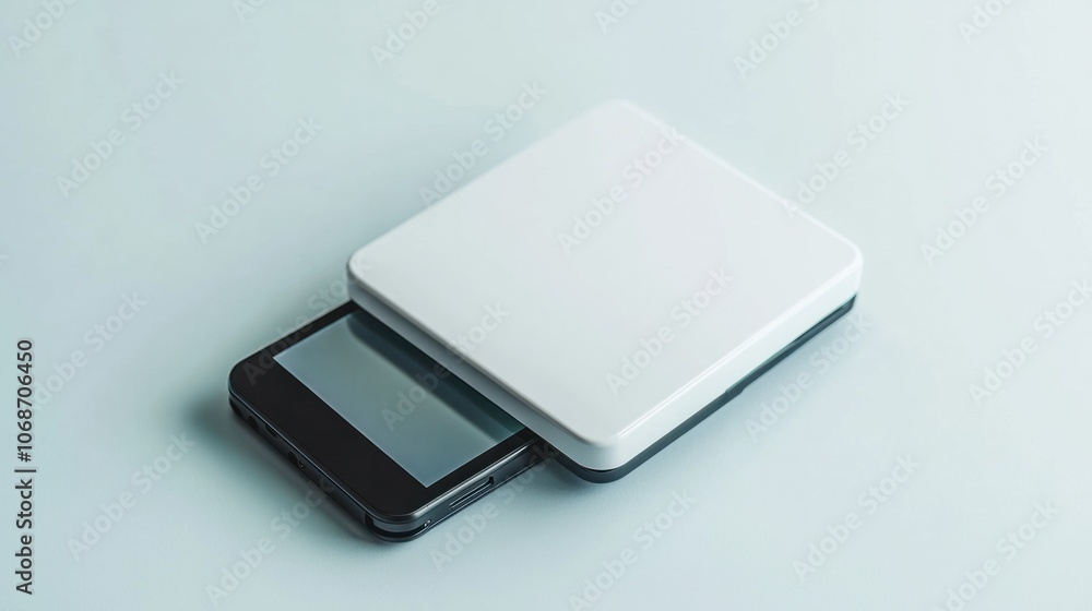 Mini digital photo printer for smartphones, isolated on a plain white background for instant prints Mini digital photo printer for smartphones, isolated on a plain white background for instant prints