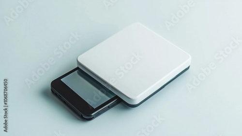 Mini digital photo printer for smartphones, isolated on a plain white background for instant prints photo