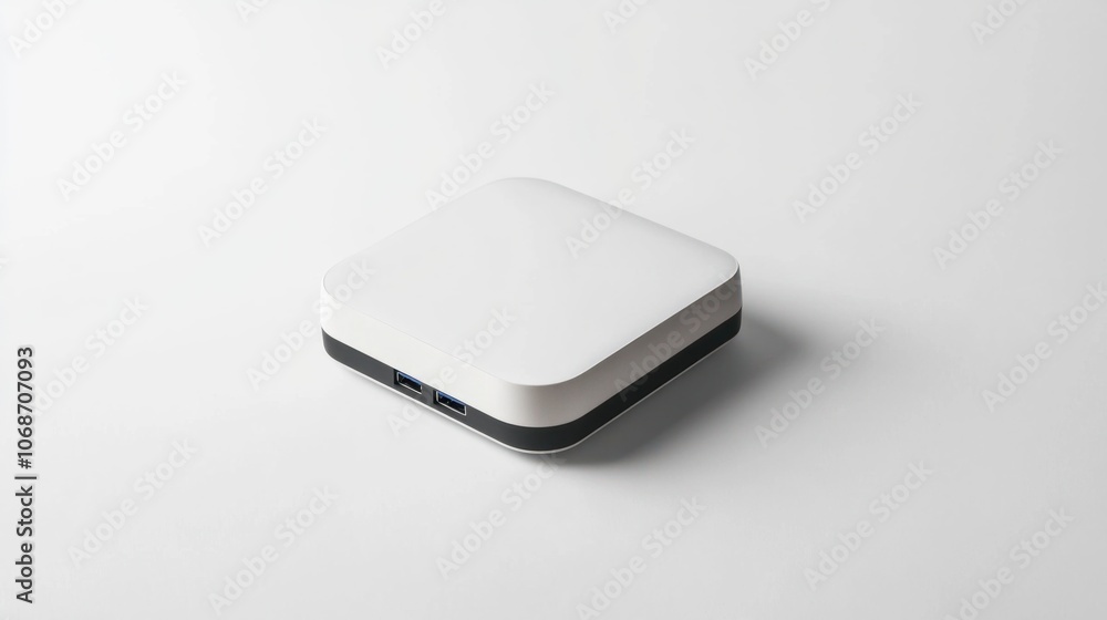 Mini WiFi router, compact and sleek, isolated on white, symbolizing modern connectivity Mini WiFi router, compact and sleek, isolated on white, symbolizing modern connectivity