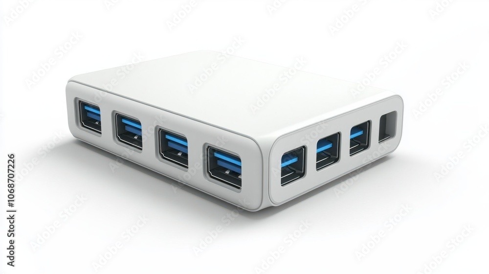 Multi-port USB charger with compact design, isolated on white, ideal for gadget organization Multi-port USB charger with compact design, isolated on white, ideal for gadget organization