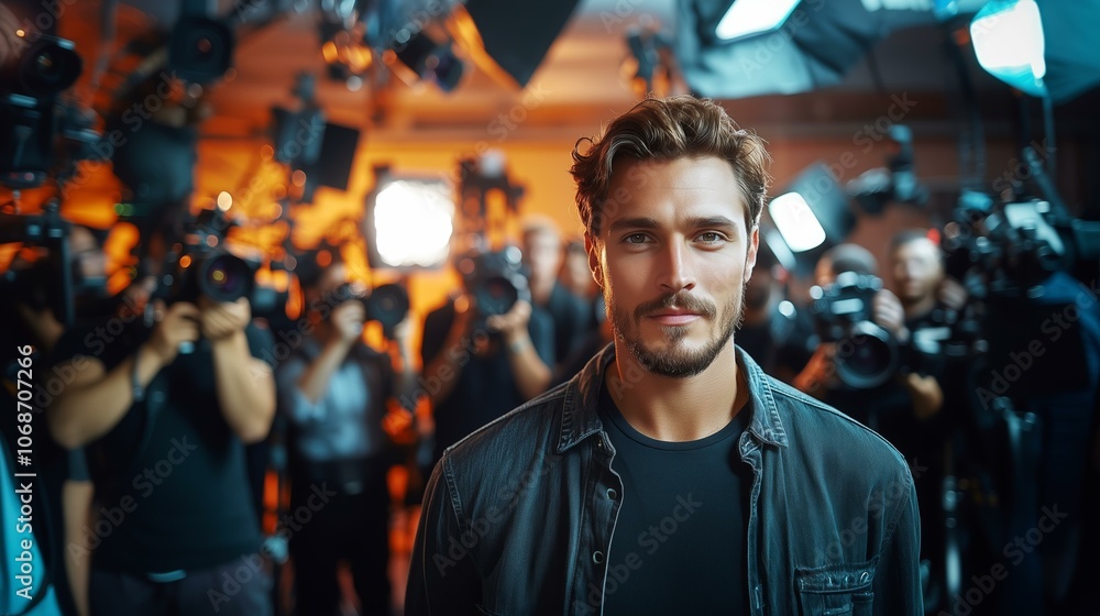 Obraz premium Confident man amidst paparazzi cameras in studio setting