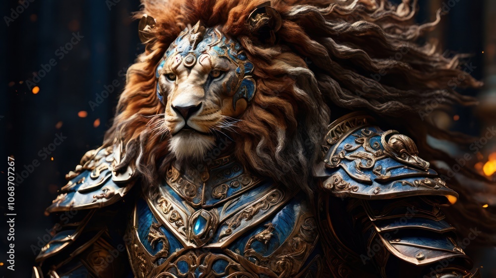 A majestic lion, adorned in intricately detailed blue and gold armor, stands proudly against a dark and fiery backdrop. Its piercing gaze and regal presence evoke strength and power. A majestic lion, adorned in intricately detailed blue and gold armor, stands proudly against a dark and fiery backdrop. Its piercing gaze and regal presence evoke strength and power.