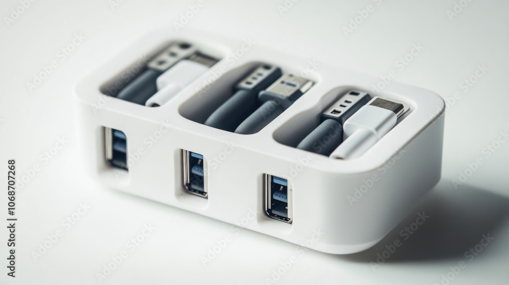 Multi-port USB charger with compact design, isolated on white, ideal for gadget organization Multi-port USB charger with compact design, isolated on white, ideal for gadget organization