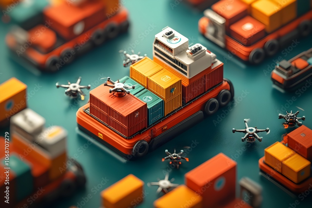 Obraz premium Cutting edge Afrofuturistic global logistics ecosystem featuring high tech cargo vessels with drone swarms sprawling port complexes with automated warehouses