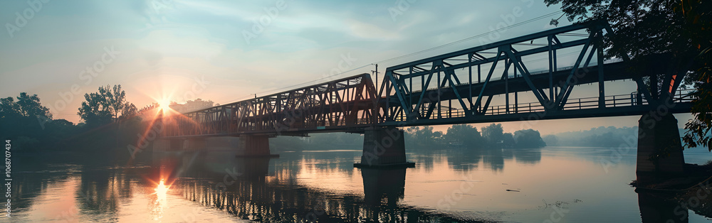 Fototapeta premium Captivating Aerial Image of a Railway Bridge and Its Mirror-Like Reflection on a Serene River 