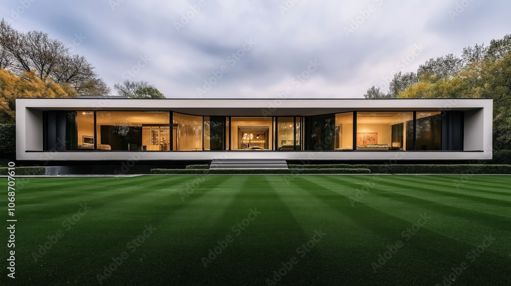 Modern minimalist house with large glass windows surrounded by manicured lawn and trees, showcasing a sleek architectural design with evening interior lighting. Modern minimalist house with large glass windows surrounded by manicured lawn and trees, showcasing a sleek architectural design with evening interior lighting.