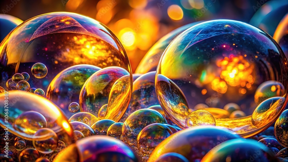 Close-up artistry captures the vibrant hues of iridescent soap bubbles. Close-up artistry captures the vibrant hues of iridescent soap bubbles.
