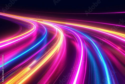 Vivid neon light streaks on a black background, ideal for creating eye-catching banners, postcards, or illustrations