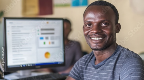 Smiling Man Using a Computer in Office Environment