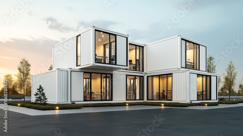 Modern building constructed from stacked white shipping containers with large glass windows, situated in a landscaped area during sunset.