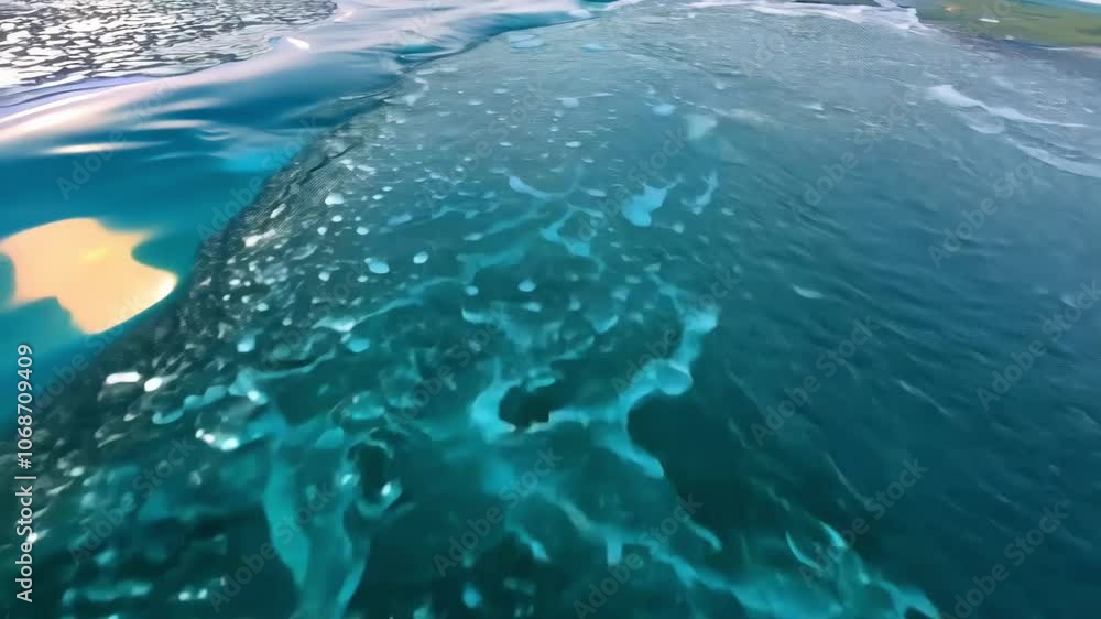 A blue ocean with a lot of bubbles and foam. The bubbles are floating on the surface of the water A blue ocean with a lot of bubbles and foam. The bubbles are floating on the surface of the water