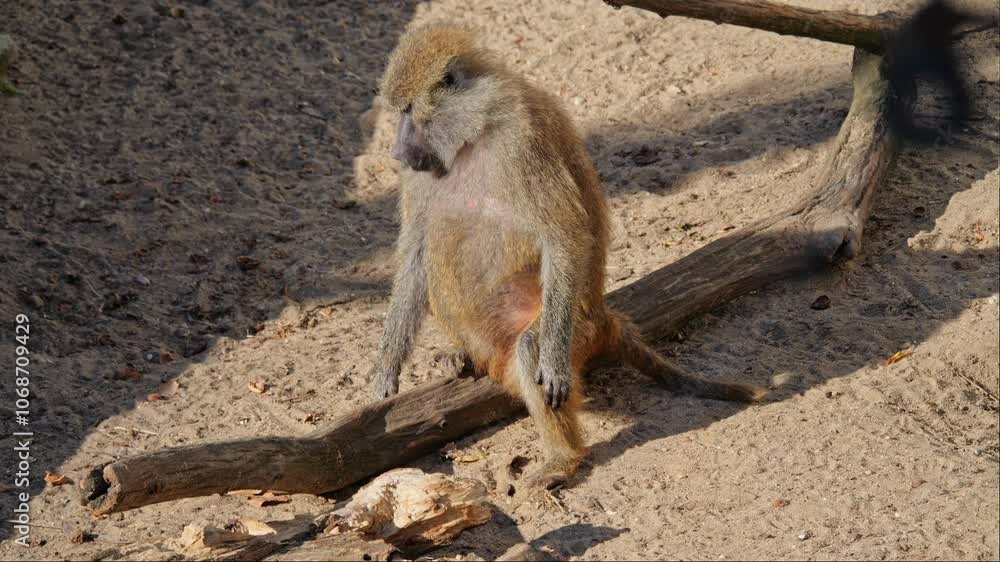 Baboons explore rocky ledges and sandy spots, looking for food. Filmed in slow motion on a sunny day with plenty of interactions between them. Baboons explore rocky ledges and sandy spots, looking for food. Filmed in slow motion on a sunny day with plenty of interactions between them.