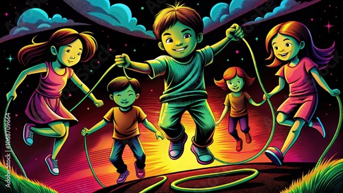 Four Children Jumping Rope Under a Night Sky