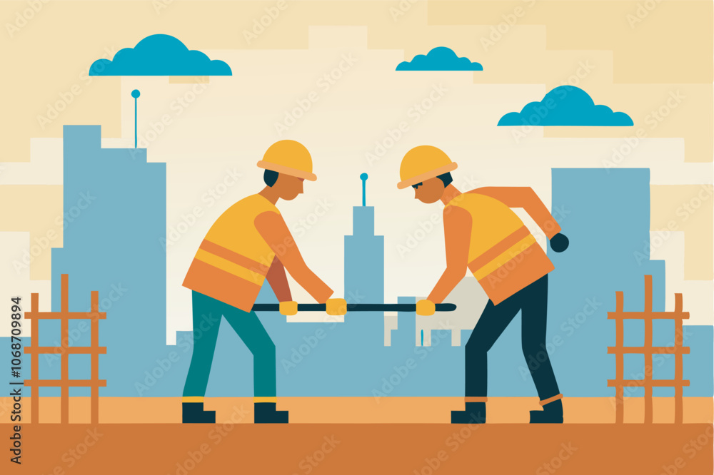 Naklejka premium Image shows two workers in yellow helmets and orange vests on a construction site, doing groundwork. Wooden poles support structures in progress, with city skyline in the background.